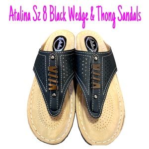 NWOT Atalina Sz 8 Black Thong Wedge Sandals with Metal & Stud Details